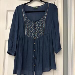 Maude Multi Color Lightweight Print Button Up Long Sleeve Small Embroidered